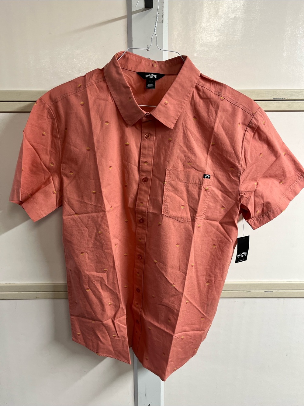 Billabong Coral Short-Sleeve Button-Down Shirt with Tiny Yellow Embroidery